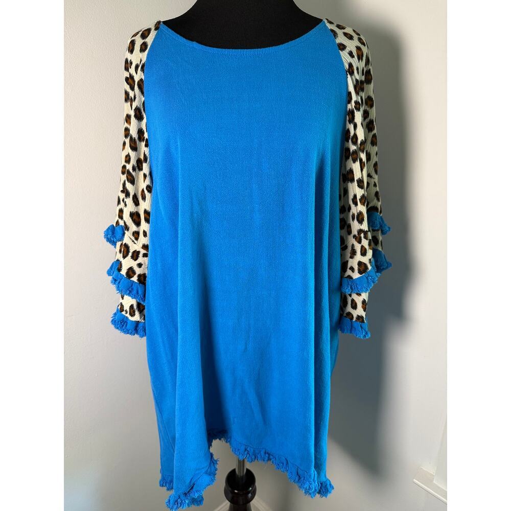 Umgee Linen Leopard Ruffle Sleeve Tunic Top Boho Coastal Cowgirl XL